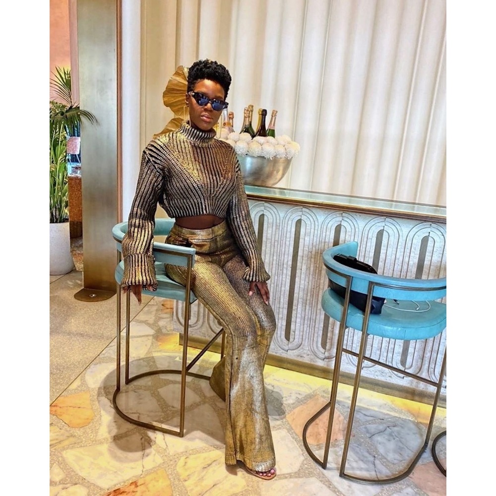 Hanifa XS Gold Metallic Knit Cropped Turtleneck Bell Sleeve Sweater NWT - Picture 3 of 12